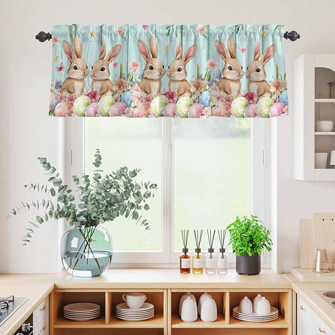 Easter Kitchen Curtains Set 3 Piece for Windows, Rod Pocket Valance and Tier Set 24 Inch Length, Spring Rabbit Colorful Eggs Flowers Wooden Grain Light Filtering Cafe Curtains for Living Room Bathroom
