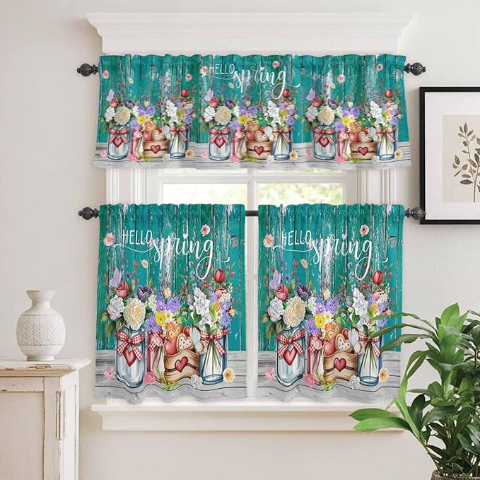Spring Flowers Kitchen Curtains Set 3 Piece for Windows, Rod Pocket Valance and Tier Set 36 Inch Length, Farmhouse Watercolor Teal Wood Grain Light Filtering Cafe Curtains for Living Room Bathroom