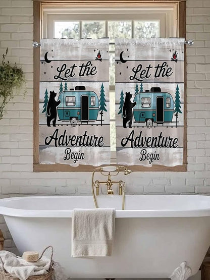 Farmhouse Bear Camper Van Tree Window Valance Curtains, Vintage Wood Grain Light Filtering Kitchen Valance with 3-inch Rod Pocket for Living Room Bathroom Bedroom,2 Panel,42x45In