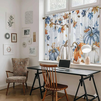Fall Blue Maple Kitchen Curtains 54 Inch Long 2 Panel Set,Rod Pocket Window Curtains Panels,Thanksgiving Pumpkins Daisy Country Leaves Light Filtering Privacy Draperies for Bedroom Laundry 42"W x 54"L