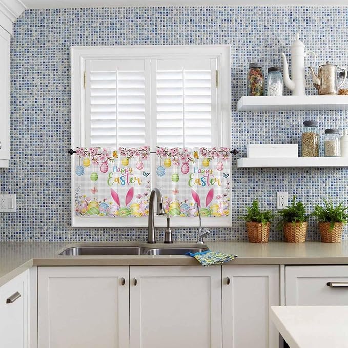 Happy Easter Half Window Curtains 24 Inches Long, Spring Watercolor Bunny Eggs Flower Grey Plaid Window Treatment Curtain Drapes, Short Curtains Tiers for Kitchen Over Sink, 27.5"x24", 2 Panels