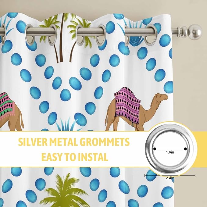 2 Panel Kitchen Cafe Curtains, Camels Palm Trees Sunlight Filtering Nature Air Through, Home Decor Window Covering Tier Curtains for Living Room 80W x 84L inch Tropical Desert Animal Plants Polka Dot