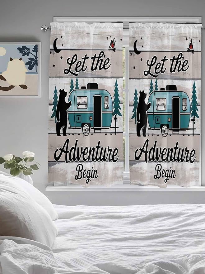 Farmhouse Bear Camper Van Tree Window Valance Curtains, Vintage Wood Grain Light Filtering Kitchen Valance with 3-inch Rod Pocket for Living Room Bathroom Bedroom,2 Panel,52x72In