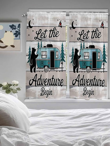 Farmhouse Bear Camper Van Tree Window Valance Curtains, Vintage Wood Grain Light Filtering Kitchen Valance with 3-inch Rod Pocket for Living Room Bathroom Bedroom,2 Panel,52x72In