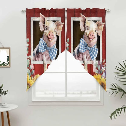 Pig Sunflowers Swag Valances for Windows, Eucalyptus Leaves Floral Bees Red Barn Rod Pocket Kitchen Curtains Valance, Kitchen Window Curtains Swag for Cafe Bathroom Living Room, 2 Panels, 36x45 inch