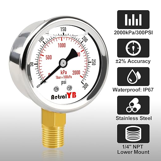 0-300 PSI Heavy-Duty Pressure Gauge, 2-Inch, Glycerin-Filled, Stainless Steel, 1/4" NPT Lower Mount, Shock-Resistant, Waterproof Pressure Meter for Oil Systems, Water Pumps, HVAC Applications