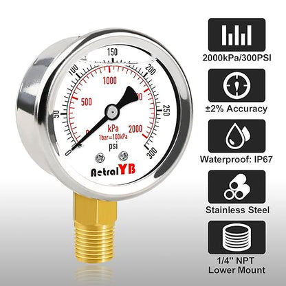 0-300 PSI Heavy-Duty Pressure Gauge, 2-Inch, Glycerin-Filled, Stainless Steel, 1/4" NPT Lower Mount, Shock-Resistant, Waterproof Pressure Meter for Oil Systems, Water Pumps, HVAC Applications
