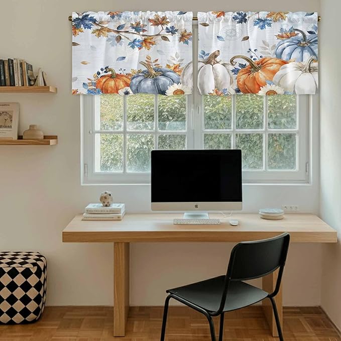 Fall Blue Maple Kitchen Tier Curtains 36 Inch Long 2 Panel Set,Rod Pocket Half Window Curtains Over Sink,Thanksgiving Pumpkins Daisy Country Leaves Short Drapes for Bathroom Cafe 27.5"W x 36"L