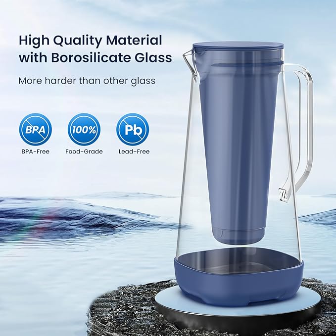 GLACIER FRESH 7 Cup Purela Glass Water Pitcher with 1 Ultrafiltration Membrane and Activated Carbon Filter, Reduces 99% Chlorine, PFOA&PFOS, Coliforms, BPA Free Materials, Blue