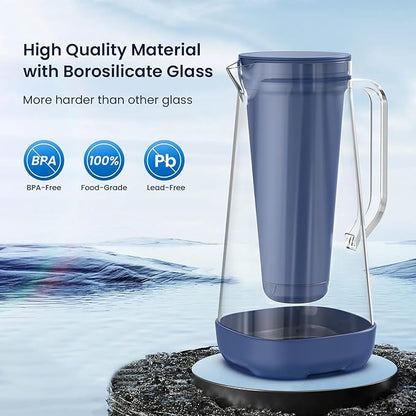 GLACIER FRESH 7 Cup Purela Glass Water Pitcher with 1 Ultrafiltration Membrane and Activated Carbon Filter, Reduces 99% Chlorine, PFOA&PFOS, Coliforms, BPA Free Materials, Blue