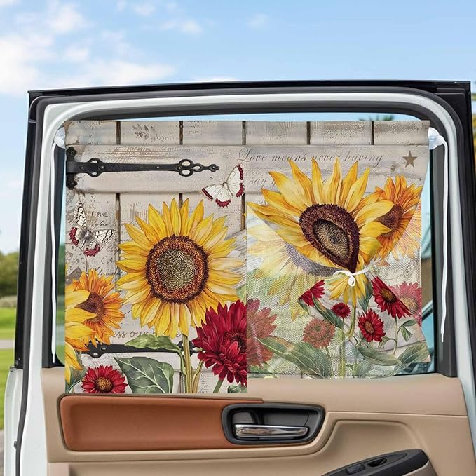 Red Yellow Sunflowers Magnetic Double Layer Car Window Shades,Side Window Curtains for Blackout/Breathable Mesh View,Retro Rustic Barn Doors Butterfly Brown Heat Protection Sun Shades 26x20in 2pcs