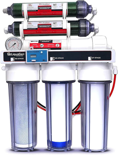 LiquaGen - 6 Stage Reverse Osmosis + Deionization (RO/DI) Water Filter System w/Glycerin Filled Pressure Gauge - 100 GPD | Under Sink Water Filter Machine for Aquarium Water Purification