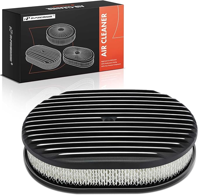 A-Premium Universal 12" Oval Black Air Cleaner Filter Assembly - 8-3/8 "x 2", Oval Black, Full Finned Air Cleaner - Fit For 5-1/8" carburetor neck