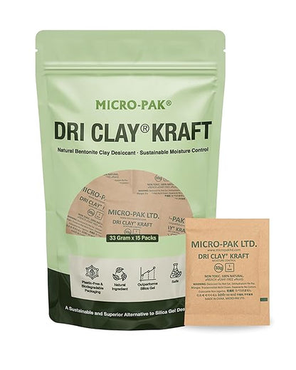 Micro-Pak Dri Clay Kraft, Highest Moisture Absorption Desiccant Packs, Silica Gel Packets Alternative, Food Safe Bentonite Clay, Desiccant Packs for Storage, Moisture Absorbers for Closet, 33gx15pcs