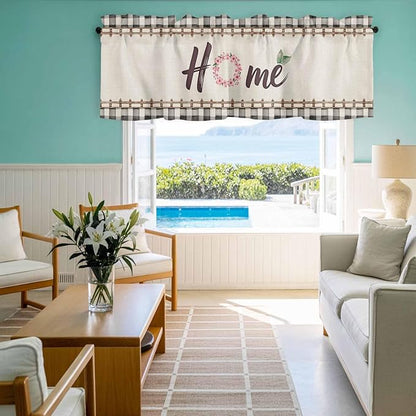 Spring Flowers Curtain Valances for Windows, Kitchen Valance Window Treatment, Vintage Watercolor Black Plaid on Linen Light Filtering Block Curtains for Bathroom/Bedroom/Living Room 60'' x 18''