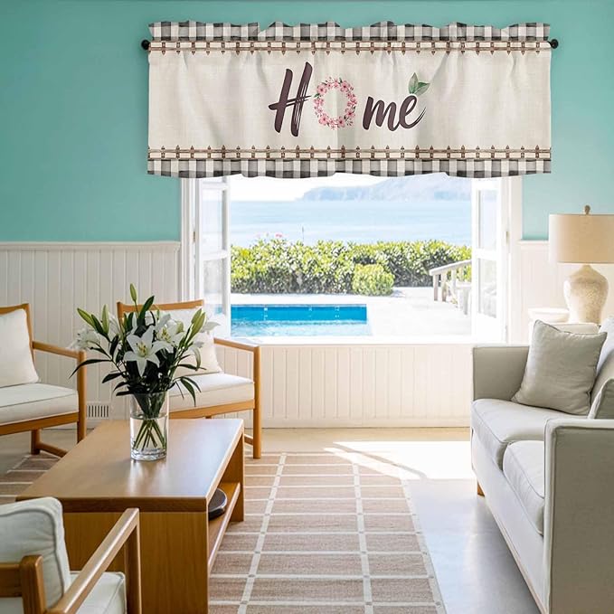 Spring Flowers Curtain Valances for Windows, Kitchen Valance Window Treatment, Vintage Watercolor Black Plaid on Linen Light Filtering Block Curtains for Bathroom/Bedroom/Living Room 54'' x 18''