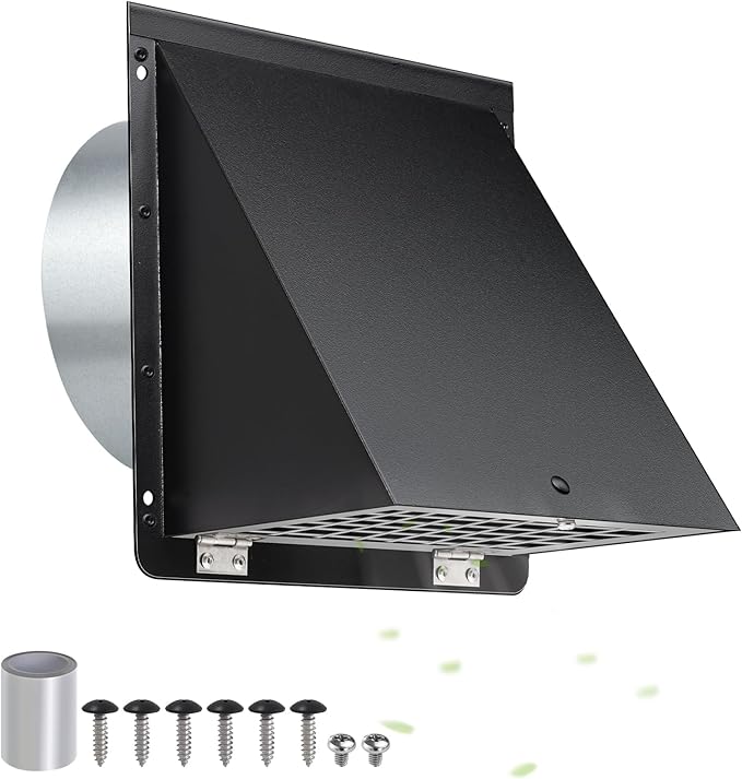 6 Inch Hooded Wall Vent with Mesh and Damper,6'' Exhaust Vent Cover,6in Dryer Vent Cover Outside Metal Wall Exhaust Duct Cap for Kitchen Range Hood/Bathroom Exhaust/Laundry-Galvanized Steel,Black