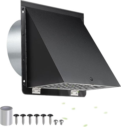 6 Inch Hooded Wall Vent with Mesh and Damper,6'' Exhaust Vent Cover,6in Dryer Vent Cover Outside Metal Wall Exhaust Duct Cap for Kitchen Range Hood/Bathroom Exhaust/Laundry-Galvanized Steel,Black