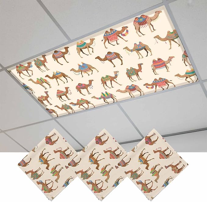 Fluorescent Light Covers for Ceiling Lights Desert Camel Magnetic Light Filters 3 Pack 4x2 ft Vintage Southwest Date Trees Ceiling Lights Cover for Classroom Office School Home Drop Lamp Decor