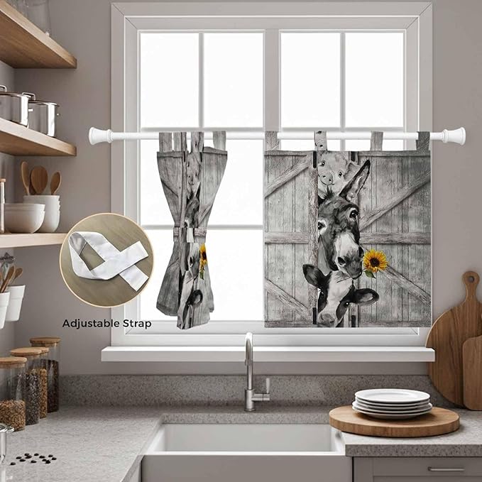 Funny Farm Animals Kitchen Curtains 36 Inch Length, Small Window Curtains Tab Top, Vintage Barn Grey Sunflowers Light Filtering Short Window Treatments Tier Drapes 27.5"x36" 2 Panel