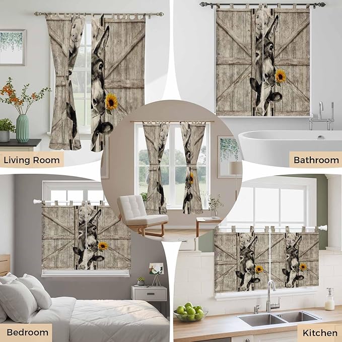 Funny Farm Animals Living Room Curtains 96 Inch Length, Window Curtains Tab Top, Vintage Barn Brown Sunflowers Light Filtering Window Treatments Drapes 52"x96" 2 Panel