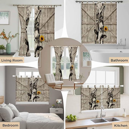 Funny Farm Animals Living Room Curtains 84 Inch Length, Window Curtains Tab Top, Vintage Barn Brown Sunflowers Light Filtering Window Treatments Drapes 42"x84" 2 Panel