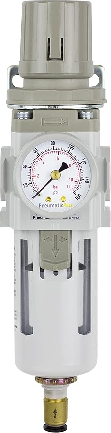 PneumaticPlus SAW300-N03BDG Compressed Air Filter Regulator Piggyback Combo 3/8" NPT - Poly Bowl, Auto Drain, Bracket, Gauge