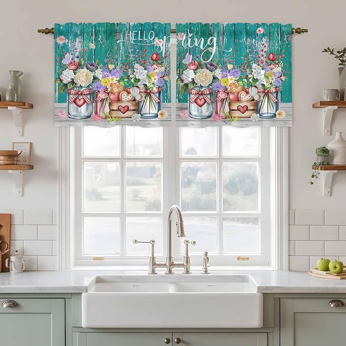 Spring Flowers Tier Curtains, Farmhouse Watercolor Teal Wood Grain Light Filtering Kitchen Curtains, 2Pcs Rod Pocket Half Window Treatments Panels for Sink Cafe Cabinet Camper 27.5x36 Inches