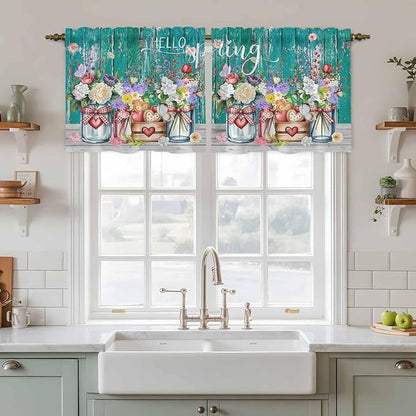Spring Flowers Tier Curtains, Farmhouse Watercolor Teal Wood Grain Light Filtering Kitchen Curtains, 2Pcs Rod Pocket Half Window Treatments Panels for Sink Cafe Cabinet Camper 27.5x36 Inches