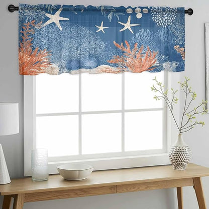 Ocean Corals Sheer Valance Curtains, Summer Beach Coral Sea Stars Dark Blue Light Filtering Kitchen Valances Rod Pocket Voile Curtain Window Treatment for Bedroom/Living Room/Basement 60Wx18L