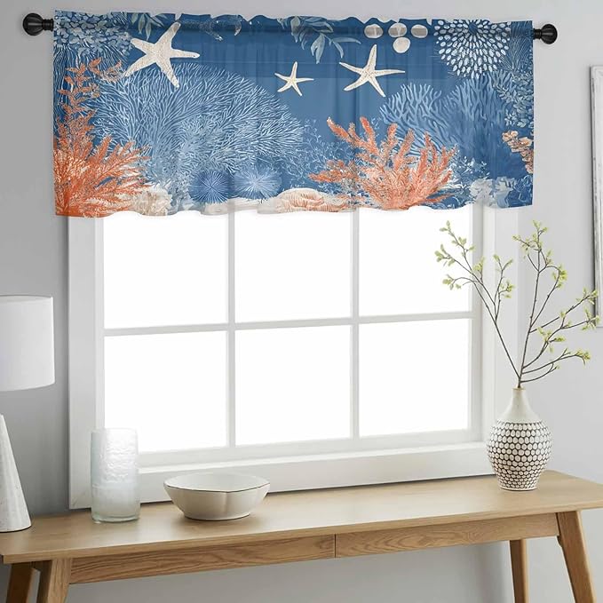 Ocean Corals Sheer Valance Curtains, Summer Beach Coral Sea Stars Dark Blue Light Filtering Kitchen Valances Rod Pocket Voile Curtain Window Treatment for Bedroom/Living Room/Basement 42Wx18L