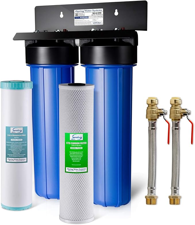 iSpring WGB22BM+AHPF12MNPT16X2 2-Stage Whole House Water Filtration System with 20” x 4.5” Carbon Block and Iron & Manganese Reducing Filters and 3/4" Push-fit Stainless Steel Hose Connectors, Blue