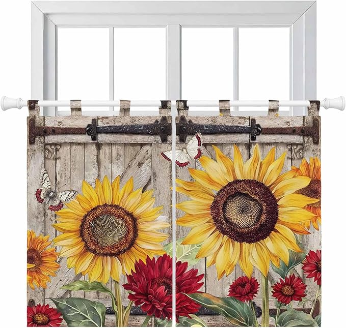 Sunflowers Bedroom Curtains 63 Inch Length, Window Curtains Tab Top, Retro Flower Barn Doors Butterfly Farmhouse Brown Light Filtering Window Treatments Drapes 42"x63" 2 Panel