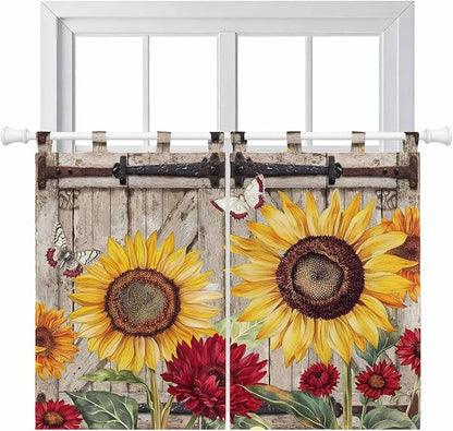 Sunflowers Bedroom Curtains 63 Inch Length, Window Curtains Tab Top, Retro Flower Barn Doors Butterfly Farmhouse Brown Light Filtering Window Treatments Drapes 42"x63" 2 Panel