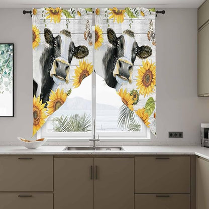 Retro Farmhouse Floral Swag Valances for Windows, Yellow Sunflowers Cows Butterfly Wood Rod Pocket Kitchen Curtains Valance, Small Window Curtains Swag for Cafe Living Room, 2 Panels, 36x36 inch