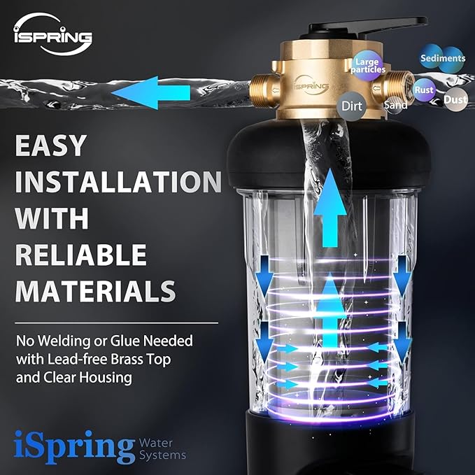 iSpring WSP500ARJ-BP, NSF Certified, Whole House Spin-Down Sediment Water Filter with Bypass, Clear Housing, Jumbo Size, Flushable and Reusable, Touch-Screen Auto Flushing, 4 Modes, 500 Microns