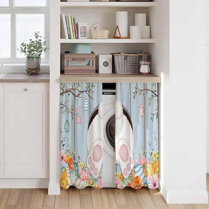 Easter Kitchen Tier Curtains 45 Inch Long 2 Panel Set,Rod Pocket Short Window Treatment,Spring Watercolor Bunny Eggs Flower Wood Grain Blue Light Filtering Curtains & Drapes for Bathroom 27.5"W x 45"L