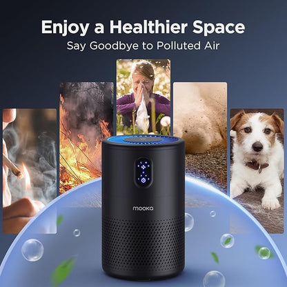 MOOKA Air Purifiers for Home Large Room up to 1076 ft², H13 True HEPA Air Filter Cleaner, Odor Eliminator, Remove Smoke Dust Pollen Pet Dander, Night Light, B-D02L Black