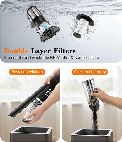 Handheld Vacuum Cordless,24KPA High Power Car Vacuum with Brushless Motor,LED Light,Charging Dock,Rechargeable Hand Held Vacuum Cleaner with Reusable Filter for Car,Home,Office,Pet Pair,Black