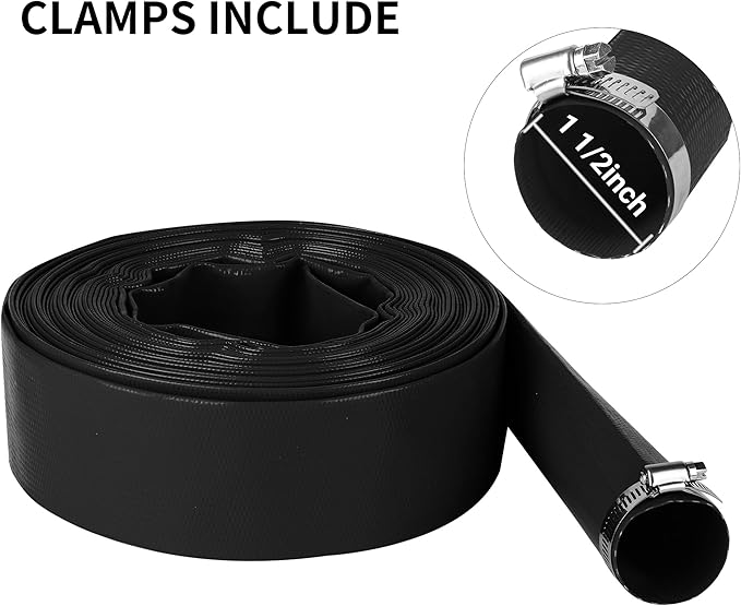 1-1/2" x 50 FT Pool Backwash Hose, Black Heavy Duty Reinforced PVC Lay Flat Water Discharge Hose for Swimming Pool Filter Pump,with 2 Clamp