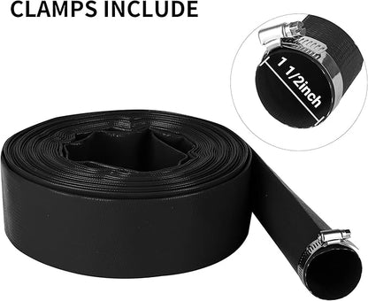 1-1/2" x 50 FT Pool Backwash Hose, Black Heavy Duty Reinforced PVC Lay Flat Water Discharge Hose for Swimming Pool Filter Pump,with 2 Clamp