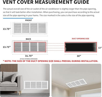 Return Vent Cover 30 x 12(Duct Opening Size),Air Return Vent Cover,Flat Vent Cover,Return Air Grilles,Outer Dimensions:31.75"Wx13.75"H(30"W x 12"H, Duct Opening)