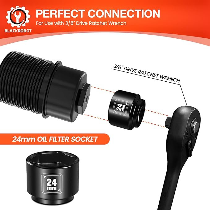 BLACKROBOT 24mm Low Profile Oil Filter Socket, 3/8" Drive 6-Point Oil Filter Cap Remover and Installer Tool, Chrome Vanadium Steel
