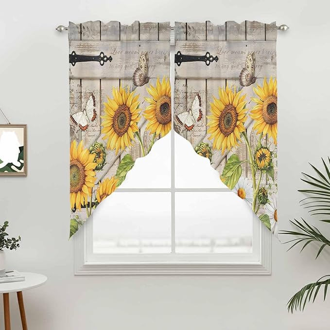 Farm Flowers Swag Valances for Windows, Retro Sunflowers Barn Doors Butterfly Wood Board Rod Pocket Kitchen Curtains Valance, Small Window Curtains Swag for Cafe Living Room, 2 Panels, 28x36 inch