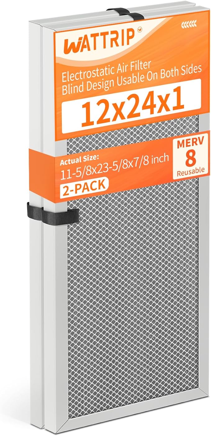 2-Pack 12x24x1 MERV 8 Reusable & Washable Electrostatic Air Filters - Long-Lasting Filter for HVAC, Furnace & Air Conditioner Units, Actual Size: 11-5/8” x 23-5/8” x 7/8”