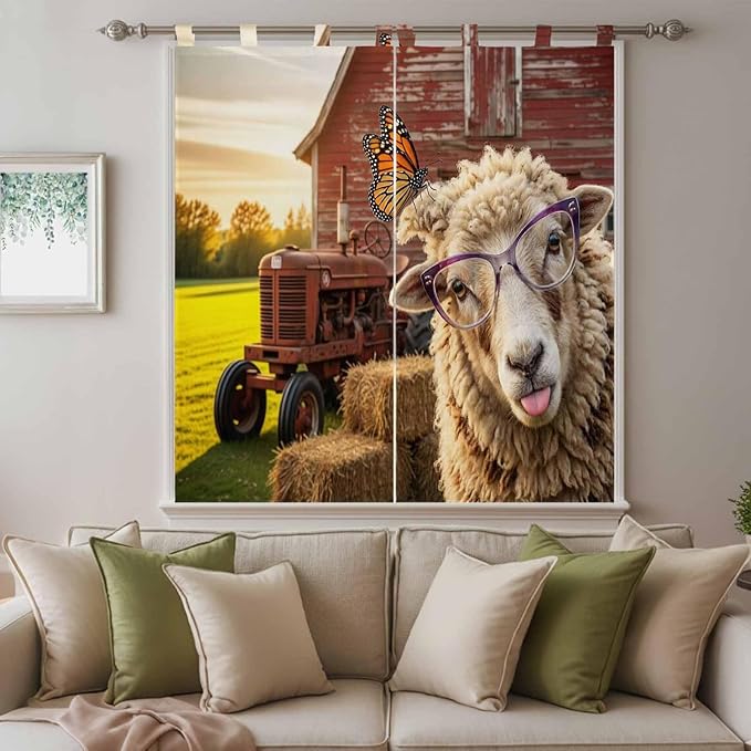 Farm Sheep Living Room Curtains 84 Inch Length, Window Curtains Tab Top, Farmhouse Barn Funny Animals Butterfly Light Filtering Window Treatments Drapes 42"x84" 2 Panel