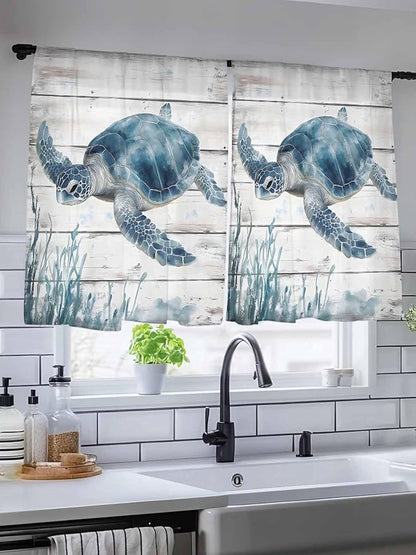 Sheer Curtains 45 Inch Length, Ocean Sea Turtle Semi Sheer Curtains Light Filtering Window Treatment, Coastal Seaweed Vintage Wood Grain Privacy Voile Drapes for Living Room Bedroom 52x45 Inch