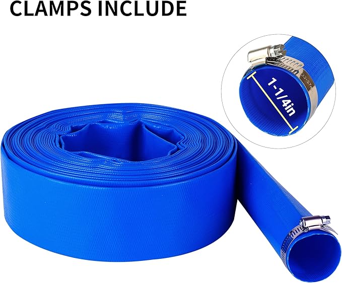 1-1/4" x 100 FT Pool Backwash Hose, Blue Heavy Duty Reinforced PVC Lay Flat Water Discharge Hose for Swimming Pool Filter Pump,with 2 Clamp