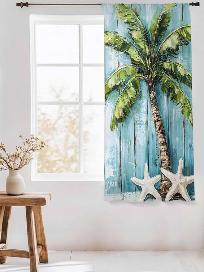 Sheer Curtains 72 Inches Long, Coastal Beach Starfish Semi Sheer Curtains Light Filtering Window Treatment, Blue Green Tropical Palm Tree Wood Grain Privacy Voile Drapes for Living Room 52x72 Inch