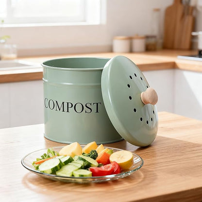 Compost Bin for Kitchen Counter, 1 Gallon Compost Bucket with Lid and Charcoal Filter, Countertop Composter, Rust Proof Indoor Food Waste Bin, Green